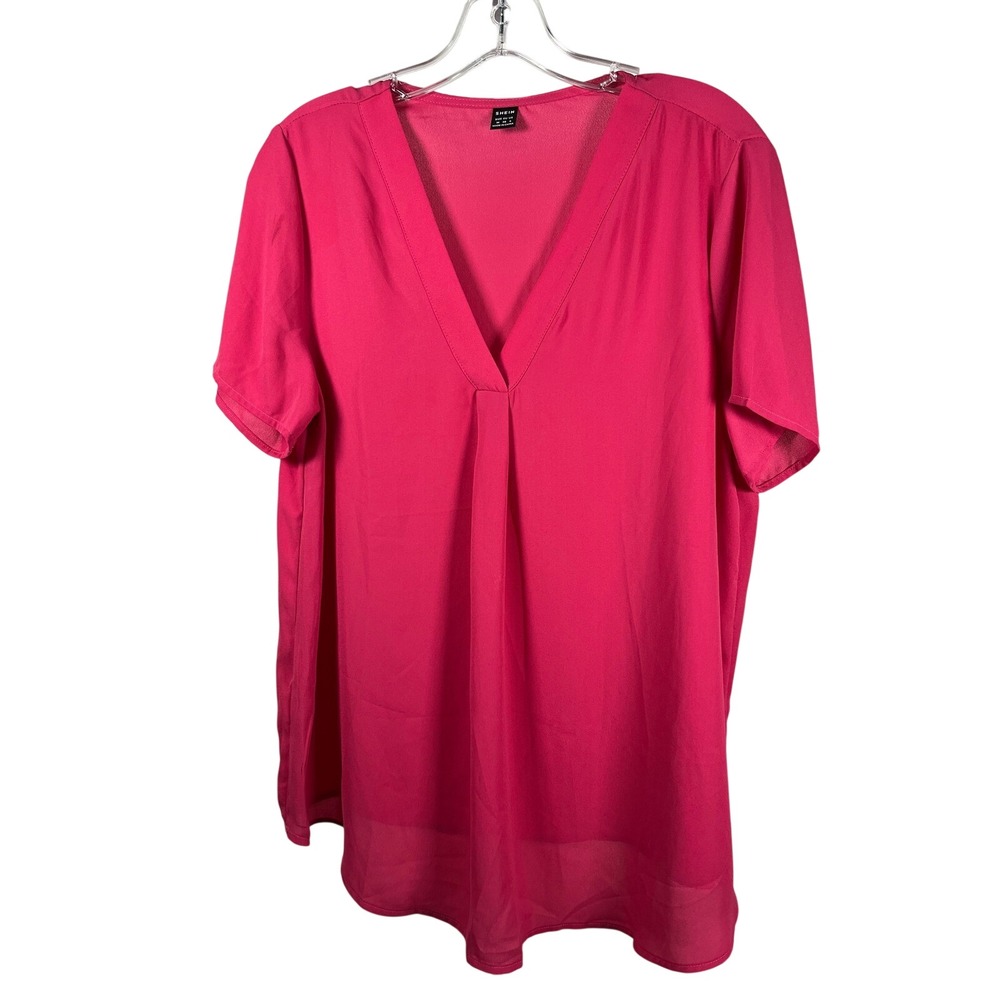 SHEIN Hot Pink V Neck‎ Short Sleeve Tunic Top Blouse Women's Size Medium
